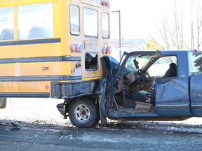 A pickup truck collided with a school bus on Notre Dame Avenue on Wednesday, January 24, 2018. John Lappa/The Sudbury Star/Postmedia Network