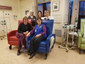 Six state-of-the-art chairs were purchased for the chemotherapy unit at the St. Thomas Elgin General Hospital through donations to the STEGH Foundation and The Mike Condie Foundation. Front, Janice Purcell, left, and Sue Bandeen. Back, Sandra Fish, left, Sheri Smith and Dr. Paula Donahue. (Laura Broadley/Times-Journal)