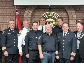 The fire department poses for a group photo at the Long Service Award presentation at the Municipality of Bluewater Council meeting January 15. (L-R)
Dave Long (District Chief Hensall), Dave Renner (Bluewater Fire Chief), Dave Erb 25 years (District Chief Zurich), Paul Clendenning 20 years, Jeff Allan 30 Years, Rick Burdge 50 years, Jason Clarke 20 years, Jeff Denys (District Chief Brucefield), and Bluewater Mayor Tyler Hessel
(PHOTO BY SHEILA PRITCHARD/CLINTON NEWS RECORD)