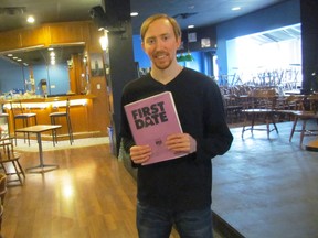 Darryl Heater, one of the partners involved in the new live entertainment venue, Theatre Forty Two, in Sarnia, stands next to the stege in the space at 900 Devine Street. He's holding a script for First Date: The Musical, the first full-scale theatre production planned for the venue.
(Paul Morden/Sarnia Observer)