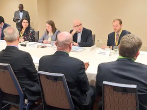 EOWC photo 
Eastern Ontario Wardens' Caucus chairwoman Robin Jones, foreground left, and Hastings County Warden Rodney Cooney, far right, meet with provincial officials at the ROMA conference in Toronto, Ont. Wednesday, January 24, 2018. Second from background right is Ontario Economic Development Minister Steven Del Duca.