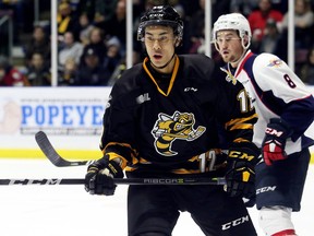 Sarnia Sting centre Jonathan Ang plays against the Windsor Spitfires at Progressive Auto Sales Arena in Sarnia, Ont., on Friday, Jan. 12, 2018. (MARK MALONE/Postmedia Network)