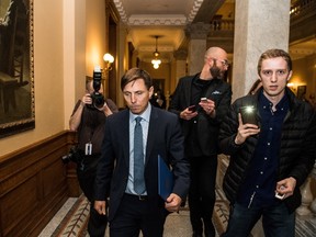 Ontario Progressive Conservative Leader Patrick Brown leaves Queen's Park after a press conference in Toronto on Wednesday, January 24, 2018. Ontario Progressive Conservative Leader Patrick Brown says he "categorically'' denies "troubling allegations'' about his conduct. A visibly emotional Brown said he was made aware of the allegations earlier on Wednesday, but he did not provide details on what those allegations are. THE CANADIAN PRESS/Aaron Vincent Elkaim