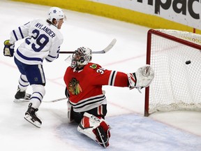 William Nylander #29 of the Toronto Maple Leafs scores the game winning goal against Jeff Glass #30 of the Chicago Blackhawks on a penalty shot at the United Center on January 24, 2018 in Chicago, Illinois. The Maple Leafs defeated the Blackhawks 3-2 in overtime. (Photo by Jonathan Daniel/Getty Images)