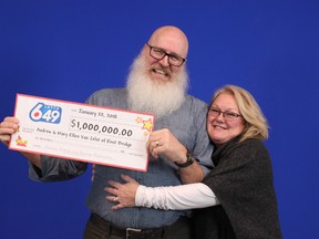Andrew and Mary Ellen Van Zelst of Kent Bridge are shown with their $1-million cheque for winning the LOTTO 6/49 Guaranteed $1 Million Prize. Photo courtesy of Ontario Lottery and Gaming Corporation.