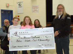 Pictured above, Bluewater Coast Elementary School students Kaitlyn (left) and Emily (right) are presented with the $4,200 by ABATE of Ontario South Huron Chapter 7 president Claude Jones during the school’s assembly on Jan. 9. (William Proulx/Exeter Lakeshore Times-Advance)