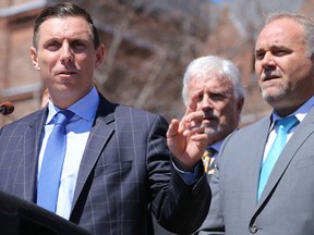 Intelligencer file photo
MPP Todd Smith (right) listens as Patrick Brown speaks during a rally at Queen’s Park last year. Smith said Brown, who stepped down as leader of the Progressive Conservative party after allegations of sexual misconduct were made against him, made the right decision.