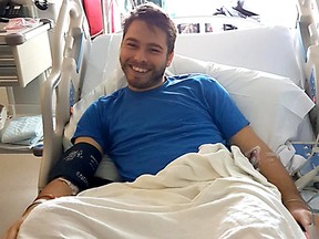 Brock Powell, who works for Kingston's Home Base Housing and volunteers for Special Olympics in a hospital bed at Kingston General Hospital on January 21 2018 after being diagnosed with testicular cancer. A GoFundMe page has been set up on his behalf. Submitted Photo /The Whig-Standard/Postmedia Network
