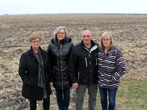 Several wind turbines reaching 642-feet high are planned to be erected near the home of Dan and Diana Donkers, pictured on right, located near Wallaceburg, Ont. However, concerned citizens, including Bonnie Rowe, left, of the Dutton Dulwich Opponents of Wind Turbines, and Violet Towell, with Wallaceburg Area Wind Concerns, revealed on Thursday January 25, 2018 that several wind developers are not being required to adhere to the newest noise emission guidelines. (Ellwood Shreve/Chatham Daily News)