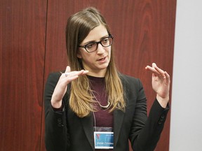 Sarah Doyle, director of policy with the Brookfield Institute, speaks at the "Robot Talks" public engagement session at YMCA Employment Services in Sudbury, Ont. on Thursday January 25, 2018. Gino Donato/Sudbury Star/Postmedia Network