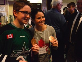 Riley Legacy, left, poses with Canadian soccer Olympian Diana Matheson, best known for her game-winning goal in the bronze medal game of the 2012 London Olympics. (Louis Pin/Times-Journal)