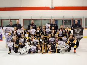 The Sarnia Sting Minor Atom MD team – a group of nine-year-old hockey players – has won all five tournaments it has competed in this season in Canada and the U.S. Front row (left to right): Julius Sinopole, Chase DeHaan. Second row (left to right): Duncan Smith, Casey Guerette, Harrison McEachren, Fergus Turnbull, Mason Guerette, Max Foster, Sam Dezort. Third row (left to right): Luca Andali, Jackson Campbell, Luke Anjema, Griffin Kerwin, Sullivan Toenders, Cameron DeSena, Brady Nesbitt, Brody Hyde. Back row (coaches left to right): Justin Turnbull, Rick Anjema, Head Coach Clint Campbell, Jay Toenders, Ian McEachren. 
Handout/Sarnia This Week