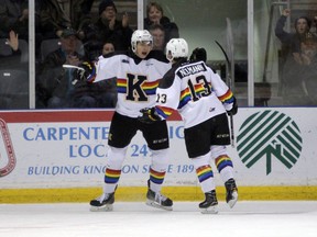 Kingston Frontenacs' Jason Robertson and Linus Nyman celebrate their team's first goal of the game during the first period of Ontario Hockey League action at the Rogers K-Rock Centre in Kingston on Friday. (Steph Crosier/The Whig-Standard)