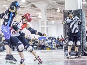 Felicia Dasilva, in red, has been selected as a member of Team Portugal in the Roller Derby World Cup. The tournament in Manchester UK is Feb. 1-4. (Photo by George Pelekis)