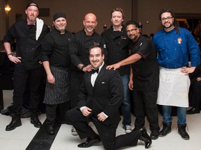 Some of Sarnia's top chefs convened for the inaugural Noelle's Gift gala Saturday. Pictured with chef and event coordiator Joe Paquette, front-centre, are, from left: Brian Hall, Sean Barlow, Brian Vickery, Jeremy Allan, Paresh Thakkar, and Cody Pleasant. (Photo by Jeff McCoy)
