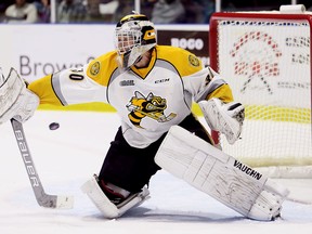 Sarnia Sting goalie Aidan Hughes makes a save against the Ottawa 67's at Progressive Auto Sales Arena in Sarnia, Ont., on Sunday, Oct. 1, 2017. (MARK MALONE/Postmedia Network)