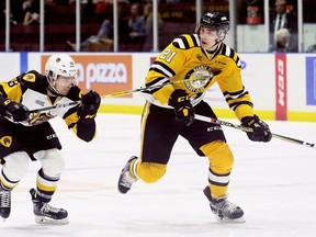 Sarnia Sting's Adam Ruzicka (21) is chased by Hamilton Bulldogs' Marian Studenic (28) at Progressive Auto Sales Arena in Sarnia, Ont., on Monday, Oct. 9, 2017. (MARK MALONE/Postmedia Network)