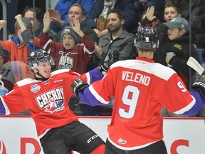 Aidan Dudas celebrates his second goal with Joseph Velano at the Top Prospects game on January 25. Dudas, an injury replacement in the game, scored twice and garnered a lot of the attention post-game for his performance. Terry Wilson/CHL Images.