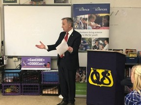 Submitted Photo
Bay of Quinte MP Neil Ellis makes a funding announcement at Queen Victoria School in Belleville on Friday.