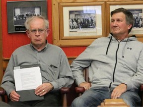 BRUCE BELL/THE INTELLIGENCER
Prince Edward County Federation of Agriculture, John Thompson (left) and local farmer Lloyd Crowe spoke to Prince Edward County’s committee of the whole last Thursday asking for a reduction in the farm tax ratio.