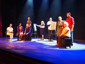 Theatre Sarnia's production of the play Strangers Among Us opens Feb. 2 at the Imperial Theatre, downtown. The cast includes, seated from left, Shauna Nelles, Brittany Jenkins, Joe Agocs, Anne Stoesser and Ruth Francoeur, and standing, from left, Craig Gander, Margaret Dupuis, Bill Yurchuk, Henri Canino and Jeff Winter. (Handout/The Observer)