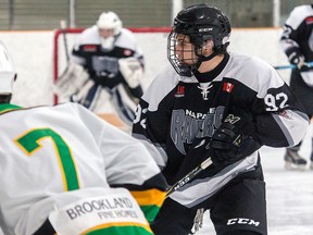 Napanee Raiders forward Austin Labelle, seen here playing earlier this Provincial Junior Hockey League season against the Amherstview Jets, collected eight point in a 14-1 win over the Campbellford Rebels this past Saturday night, the most by a Raider in a single game since electronic records for the old Empire B Junior C Hockey League, the precursor of the PJHL, were made available online for as far back as the 2007-08 season. (Tim Gordanier/The Whig-Standard)