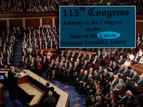 In this Feb. 28, 2017, file photo, President Donald Trump addresses a joint session of Congress on Capitol Hill in Washington alongside an invitation to the 2018 address.J. Scott Applewhite / AP