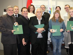 Nickel Belt MP Marc Serre, third left, poses for a photo with Canada sesquicentennial pin recipients Thomas Markiewich, Richard Lafleur, Melissa Sheridan, Marc Cote, Yves Laliberte, Carrie Cook-Morin, Ruthanne Cross, Marcel Legault and Lauren Knox. Missing from picture are Jeffrey Perreault, Putnam Kumar, Serenity Sawyer and Eliane Goulet. Supplied photo