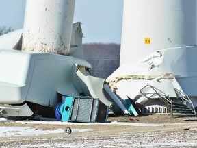 The wreckage at the bottom of a wind turbine which buckled near its mid-point on 16 Line near Drake Road in south Chatham-Kent is shown Jan. 19, 2018 (Tom Morrison/Postmedia Network)