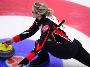 Ontario skip Hollie Duncan delivers the stone while playing Team Canada at the Scotties Tournament of Hearts in Penticton, B.C., on Wednesday, Jan. 31, 2018. (THE CANADIAN PRESS/Sean Kilpatrick)