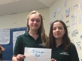St. Benedict students Brenna Vienna and Alicia Cunningham-Dunlop participated in the Bell Let’s Talk conversation. Supplied photo