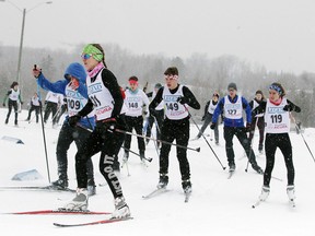 Skiers take the first corner during the high school nordic skiing preliminaries at the Naughton Ski Trails in Greater Sudbury, Ont. on Wednesday January 31, 2018.The city championships take place  next Thursday February 8 at the Naughton Ski Trails.Gino Donato/Sudbury Star/Postmedia Network