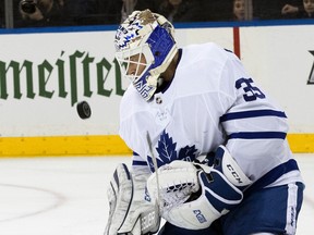 Toronto Maple Leafs goaltender Curtis McElhinney defends the net during the second period of an NHL hockey game against the New York Rangers, Thursday, Feb. 1, 2018, at Madison Square Garden in New York. (AP Photo/Mary Altaffer)