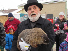 Plympton-Wyoming Mayor Lonny Napper holds Oil Springs Ollie at Friday's announcement of the Lambton County groundhog's annual prediction on Groundhog Day at the Wyoming Library.