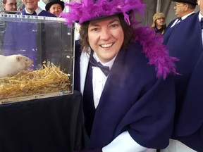 South Bruce Peninsula Mayor Janice Jackson confers with Wiarton Willie Friday morning. (Rob Gowan/The Sun Times)