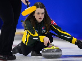 Northern Ontario skip Tracy Fleury throws while taking on Manitoba at the Scotties Tournament of Hearts in Penticton, B.C., on Wednesday, Jan. 31, 2018. Sean Kilpatrick/The Canadian Press