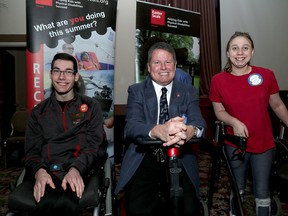 Easter Seals Ontario President and CEO Kevin Collins, middle with Easter Seals Ambassador Keirra MacLeod and alumni Chad Lees at the breakfast launch of the 2018 South Eastern Ontario Easter Seals Campaign at the Ambassador Hotel and Conference Centre in Kingston on Thursday February 1 2018. Ian MacAlpine/The Whig-Standard/Postmedia Network