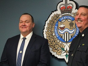 Sarnia's new Police Chief Norm Hansen, left, and new Deputy Chief Owen Lockhart. (NEIL BOWEN/Sarnia Observer)