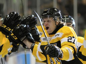 Kingston Frontenacs' Mitchell Byrne celebrates his first goal of the season against the Oshawa Generals in Ontario Hockey League action at the Rogers K-Rock Centre on Friday night. (Ian MacAlpine /The Whig-Standard)