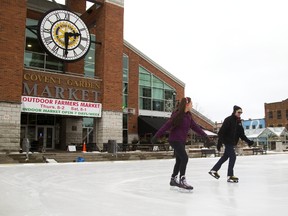 Lexa Black, left, who says she?s ?relearning to skate,? and Edward McKenzie of London were out enjoying the ice Thursday at the Rotary Rink at Covent Garden Market. The rink boasts a new $450,000 ammonia-based refrigeration system. (MIKE HENSEN, The London Free Press)