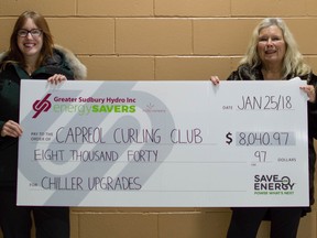 Supplied photo Kristin Kulmala, energy conservation coordinator, Greater Sudbury Hydro (left), presents an $8,000 cheque to and Susanne Aylward, president of the Capreol Curling Club.