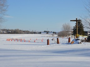 Markers set up by investigators show area where Joey Knapaysweet, 21, of Fort Albany was shot by Timmins police on Saturday, Feb. 3.