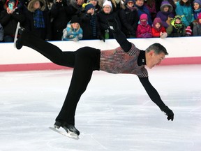 Canadian figure-skating legend Elvis Stojko performs Imagination on Ice with members of the Kingston figure-skating community on the Springer Market Square rink during Feb Fest in downtown Kingston on Saturday, Feb. 3, 2018. (Steph Crosier/The Whig-Standard/Postmedia Network)