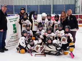 The Mitchell Novice girls won the Silver Stick championship this past weekend in Saugeen Shores. Back row (left): Greg Van Bakel (head coach), Emily Stephan (assistant coach), Avery Smith, Camryn Medhurst, Grace Bach, Emma Groenestege, Maren Marshall, Kiana Lauze (assistant coach), Kristy Michel (trainer). Middle row (left):  Kayla Visneskie, Alayna McKay, Macie Russwurm, Zoey Michel, Abigayle Van Bakel. Front row, laying down (left):  Ellie MacArthur and Selina Gethke. SUBMITTED