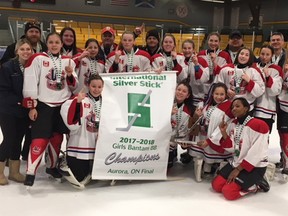 Submitted photo: The Wallaceburg Lakers Bantam BB girls hockey team won the International Silver Stick title on Sunday in Aurora, beating Clarington 1-0 in the final.