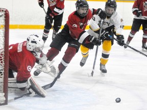 Connor MacLean (12) of the Mitchell Bantams battles for a loose puck in front of the Listowel net during first period action of Game 4 in their OMHA ‘B’ playoff game last Wednesday, Jan. 31, a 4-2 win which propelled the locals to the next round. ANDY BADER/MITCHELL ADVOCATE