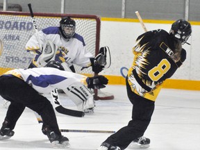 Ainsleigh Wedow of the Mitchell U16AA ringette team fires a shot at the Whitby goal during action from earlier this season. The teams clashed in the gold medal game of the Richmond Hill tournament Sunday, Feb. 4, with the Stingers losing, 8-2. ANDY BADER/MITCHELL ADVOCATE