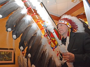 Eagle River Casino and Travel Plaza celebrated its 10th anniversary on Jan. 31. Above, Chief Tony Alexis holds an eagle staff (Peter Shokeir | Whitecourt Star).