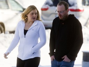 Krista McColl the daughter of Brian Daniel walks into a coroners inquest on Monday February 5, 2018 at the St. Thomas courthouse for the first day of the inquest into the death of her father who was killed working as a flagman on a road construction site. (MIKE HENSEN, The London Free Press)