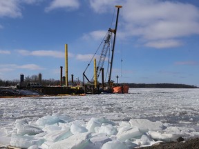 Temporary end-loading docks are being built as part of a rebuild of the Amherst Island ferry facilities in Millhaven and Stella. (Elliot Ferguson/The Whig-Standard)